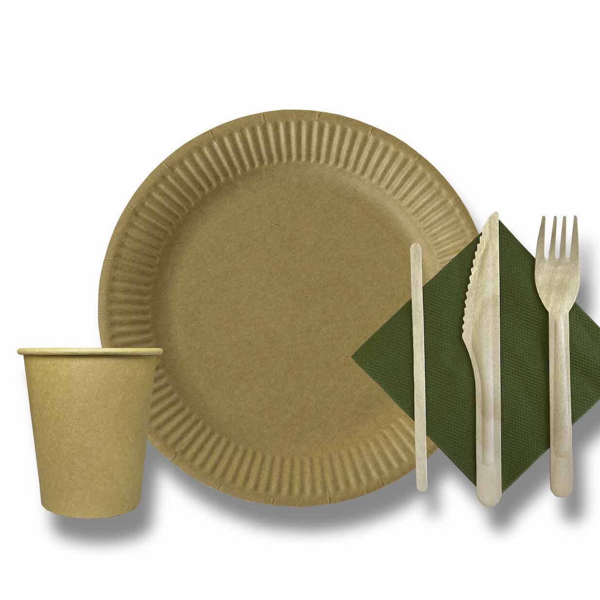 Set of disposable tableware for 6 persons in a craft bag